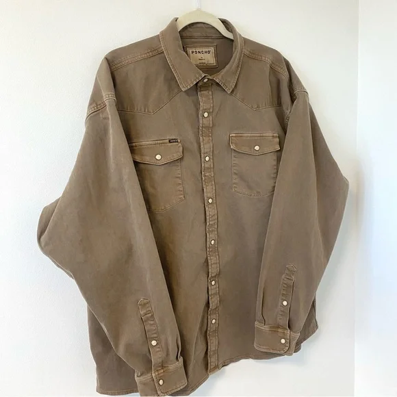 Poncho Cotulla Performance Denim Western Pearl Snap Shirt BrownWorkwear Outdoors - Picture 12 of 13
